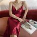 French Style Red For Women Wedding Morning Gown Sister Swing Neck Strap Long Slim Fit Dress Suit Inner Wear_ecoleips.com