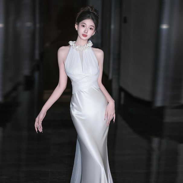 French Satin Light Wedding Niche High-End Halter Forest Style Outdoor Gown Super Fairy White Mermaid Reception Dress_ecoleips.com