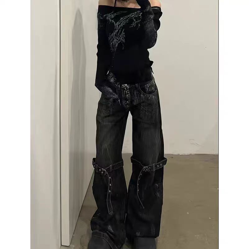 Y2k Dark American Retro Jeans With Deconstruction Design, Street Hip Hop Wide Leg Pants, Loose Trousers_ecoleips.com