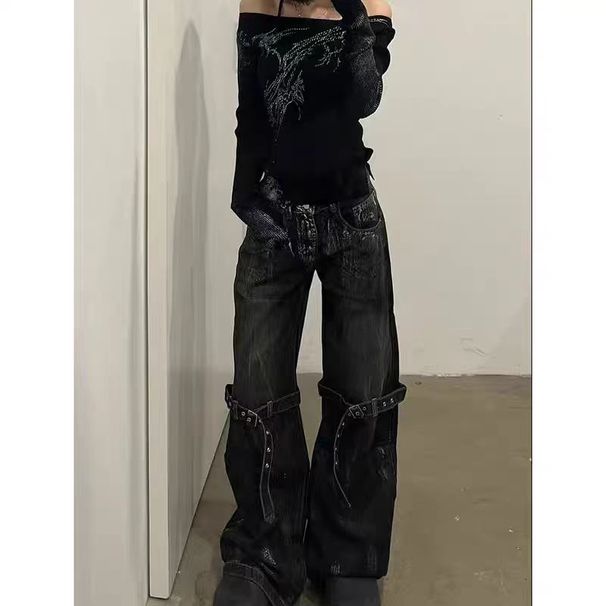 Y2k Dark American Retro Jeans With Deconstruction Design, Street Hip Hop Wide Leg Pants, Loose Trousers_ecoleips.com