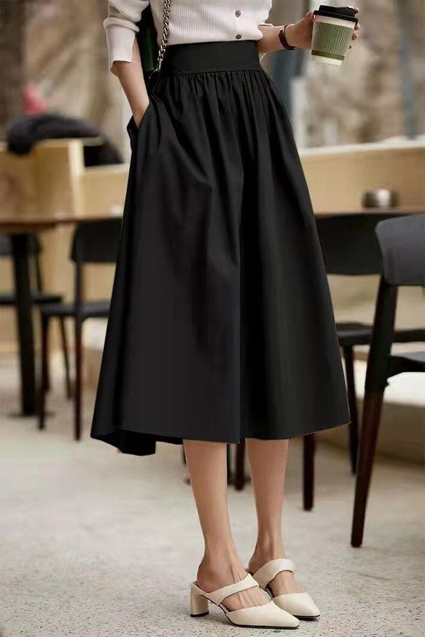 Women's Clothing Light And Elegant Cotton Blend High Waist Over Knee Length Khaki Small Pleated Umbrella Skirt Half Skirt A Line Skirt_ecoleips.com