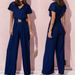 Women's Solid Color V Neck Casual Jumpsuit Short Sleeved Waist Trousers Clothing_ecoleips.com