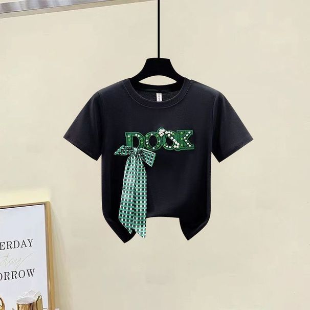 Women's Clothing fashion color matching embroidery short-sleeved T-shirt raw edge hip-wrapped A-line high waist denim skirt_ecoleips.com