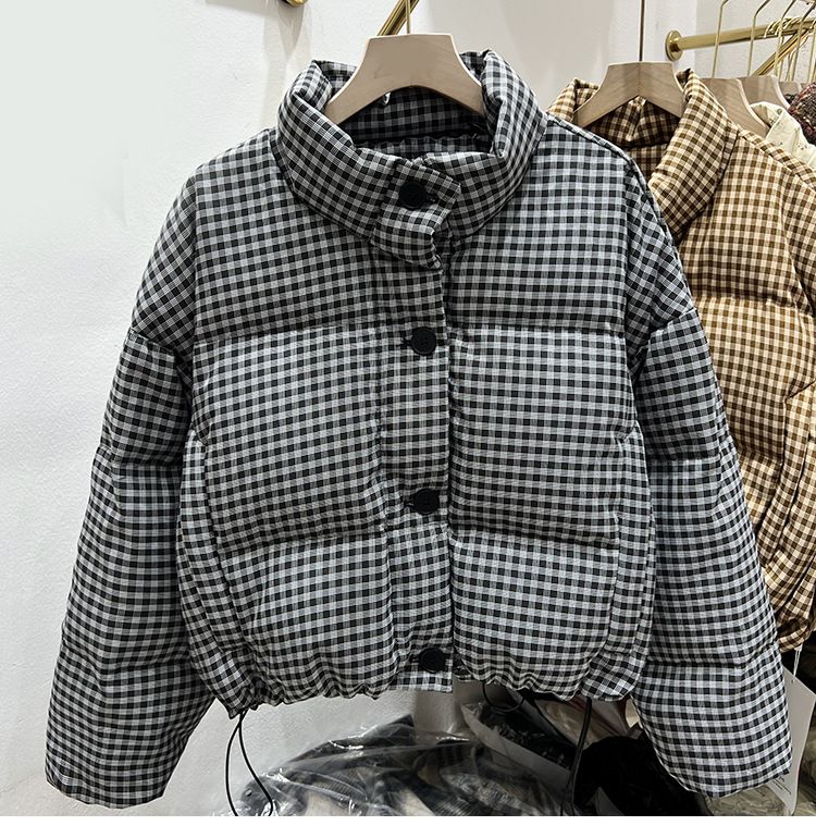 "Chic Checkered Puffer Jacket Women's Short Coat - Oversized Quilted Down Jacket With Stand Collar, Minimalist Office Wear_ecoleips.com
