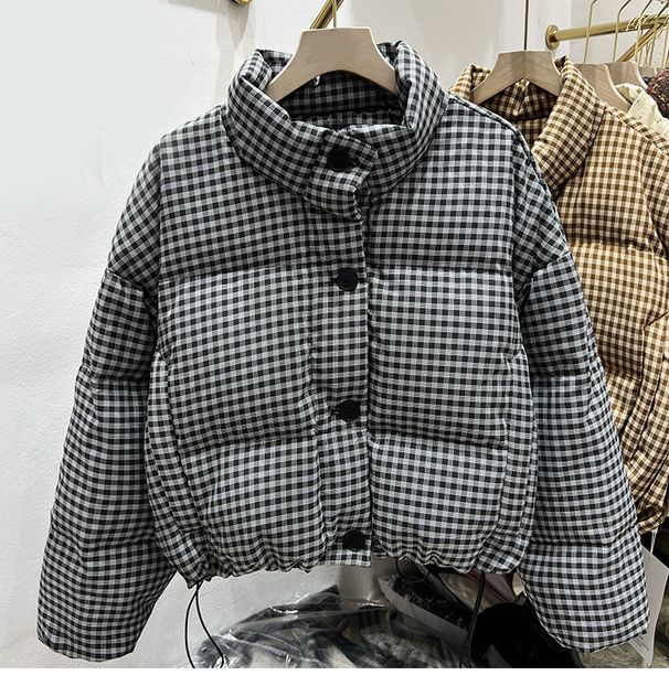"Chic Checkered Puffer Jacket Women's Short Coat - Oversized Quilted Down Jacket With Stand Collar, Minimalist Office Wear_ecoleips.com