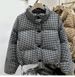 "Chic Checkered Puffer Jacket Women's Short Coat - Oversized Quilted Down Jacket With Stand Collar, Minimalist Office Wear_ecoleips.com