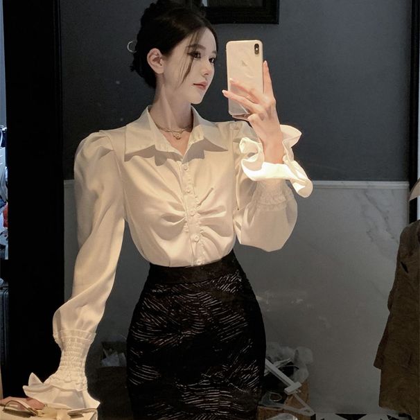 French-style High-end Women's Shirt With Unique Design, Distinctive Bell Sleeves, Satin Fabric, Premium Quality Top For_ecoleips.com