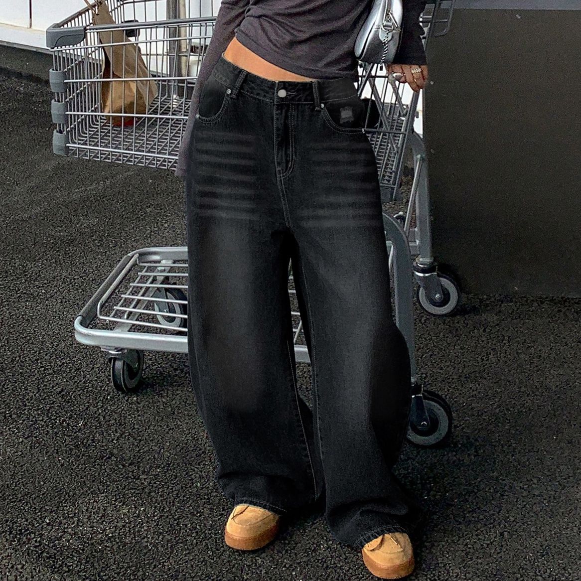 "Distressed Wide-Leg Denim Jeans – Extra Long & Loose Fit (Bluish/Black/Light Gray, XS-XXL)"_ecoleips.com