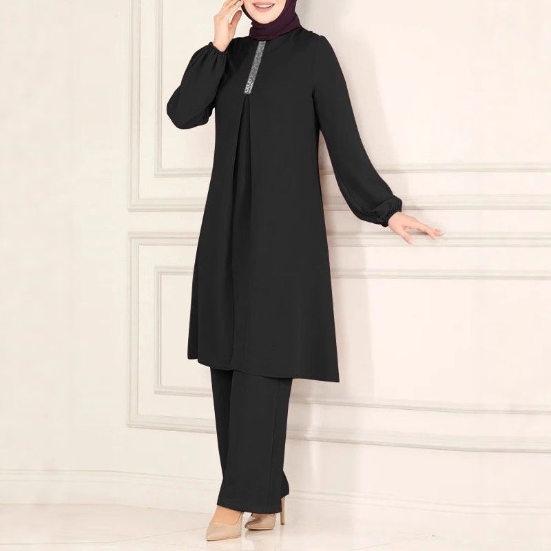 Modest Abaya Dress Muslim Dress Women Elegant Muslim Abaya Set With Sequin Accents – Modest Long-Sleeve Top & Wide-Leg Pants (S-XXL, 4 Colors)_ecoleips.com