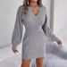 Real Shot 2025 Autumn Winter Solid Color Braided Hollow Lantern Sleeve Bodycon Sweater Dress Independent_ecoleips.com