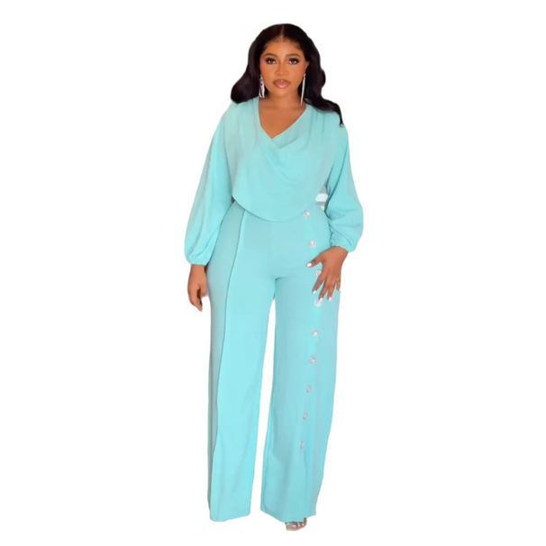 Women's Clothing Lantern Sleeve Waist Button Decoration Wide Leg Jumpsuit_ecoleips.com
