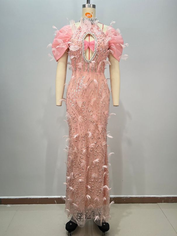 Women's Clothing New Pink Fashion Design Halter Neck Hollow Ruffled One Shoulder Feather Sequins Beaded Diamond Evening Dress_ecoleips.com