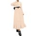 Elegant Muslim Long Sleeve Maxi Dress With Belt - High Waist Knitted Office Dress For Women - Soft Polyester Blend Stretchy Fabric - Beige_ecoleips.com