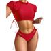 Women's Two Piece Bikini Comfort And Style Short Sleeve Mesh Solid Color Sexy Tie Waist Swimsuit_ecoleips.com