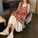 Lace Patchwork Plaid Camisole For Women 2024 Summer New Fresh Loose Slimming Two-in-One Dress_ecoleips.com