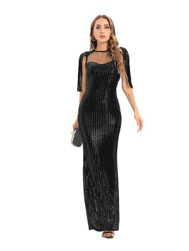 Sexy Retro Green Sequin Dress For Women - A-Line Long Evening Party Gown With Sparkle Details_ecoleips.com