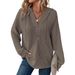 Women's Waffle Knit Drawstring Button V-Neck Long Sleeve Hoodie_ecoleips.com