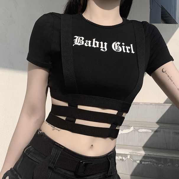 Women's Clothing Fashion Trend Women's Short Sleeved Sexy T Shirt Summer Letter Printing Irregular Navel Baring Bottoming Top_ecoleips.com