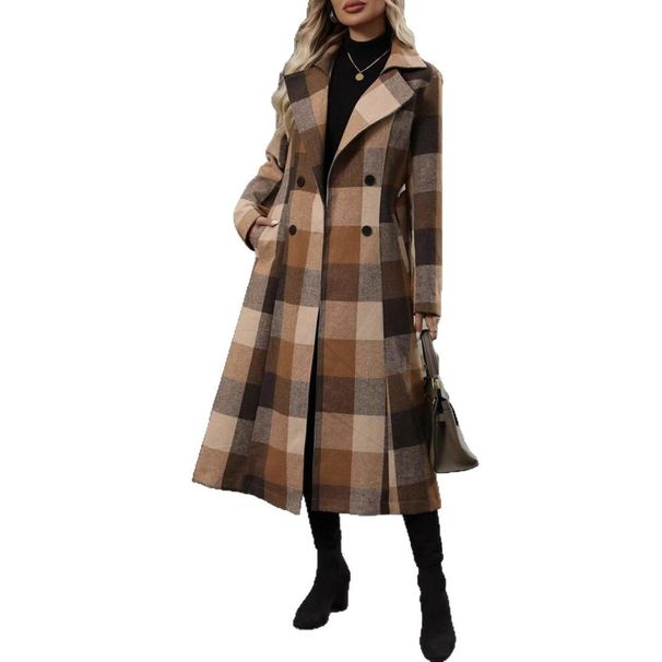 Classic British Style Long Trench Coat With Belt – Plaid Wool Blend Overcoat For Women (Sizes S-Xl, Coffee Brown)_ecoleips.com