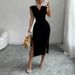 Women's White V-Neck Sleeveless Elastic Sundress Knit Bodycon Maxi Dress Solid Side Slit Casual Summer Daily Party Long Dress_ecoleips.com