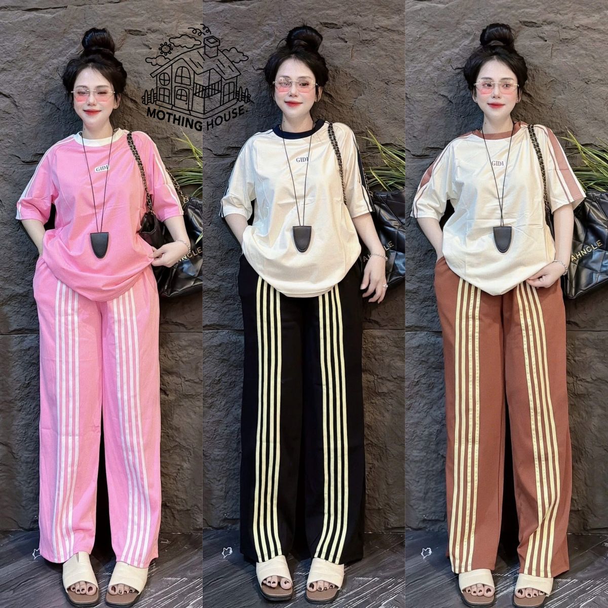 Korean Style Women's Summer Fashion Two Piece Outfit Casual Wide Leg Pants Short Sleeved Top Full Length Three Stripe Clothing Set_ecoleips.com