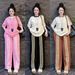 Korean Style Women's Summer Fashion Two Piece Outfit Casual Wide Leg Pants Short Sleeved Top Full Length Three Stripe Clothing Set_ecoleips.com