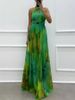 Women's Clothing Sleeveless Printed Lace Up Dress Fashionable Large Swing Halter Neck Round Neck_ecoleips.com