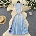 V-Neck Sleeveless Striped Knit Dress With Belt - Elegant A-Line Midi Dress For Women, Summer Casual Office Wear, Blue_ecoleips.com