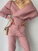 Women's Clothing Sexy Off Shoulder Bat Sleeves V Neck Fashionable Knitted Sweater Two Piece Fashion Suit_ecoleips.com