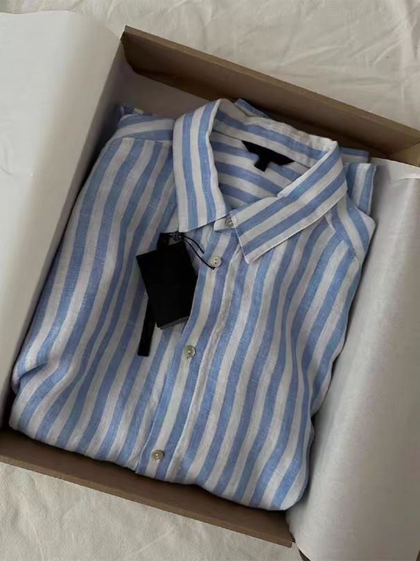 Women's French Style Sun Protective Shirt Blue White Striped Ramie Loose Fit Elegant High Count Linen Top_ecoleips.com