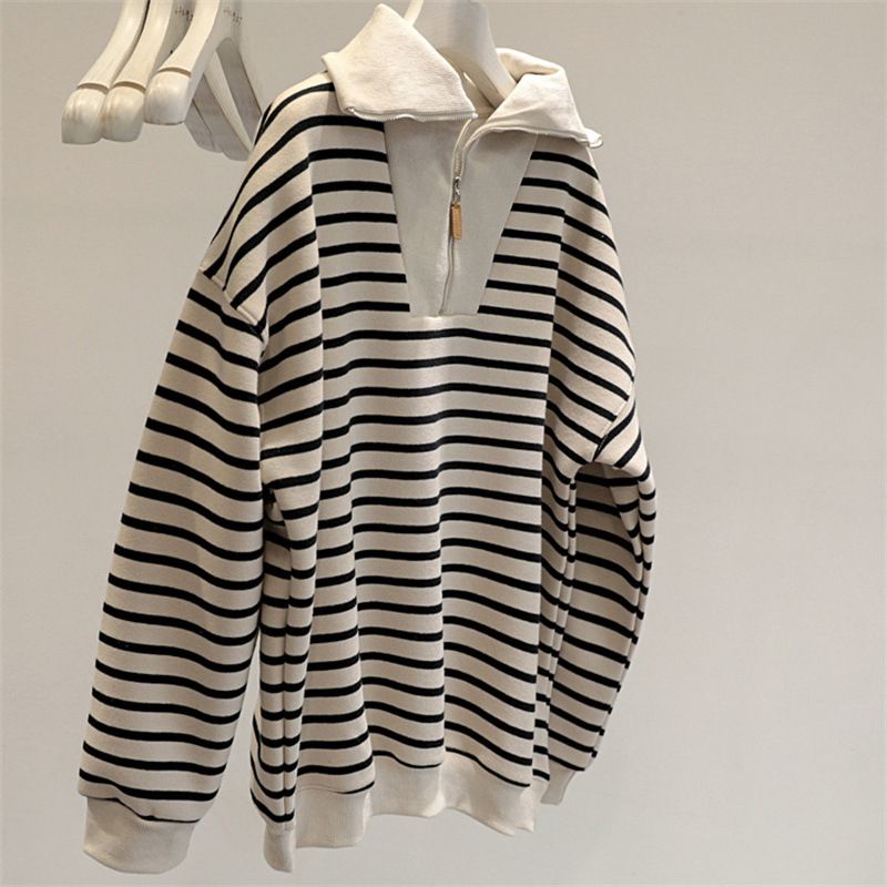 American-style Striped Half-zip Polo Collar Sweatshirt Women, Thin Korean-style Loose Fit, Fleece-lined Thickened,_ecoleips.com
