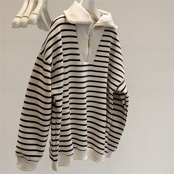 American-style Striped Half-zip Polo Collar Sweatshirt Women, Thin Korean-style Loose Fit, Fleece-lined Thickened,_ecoleips.com