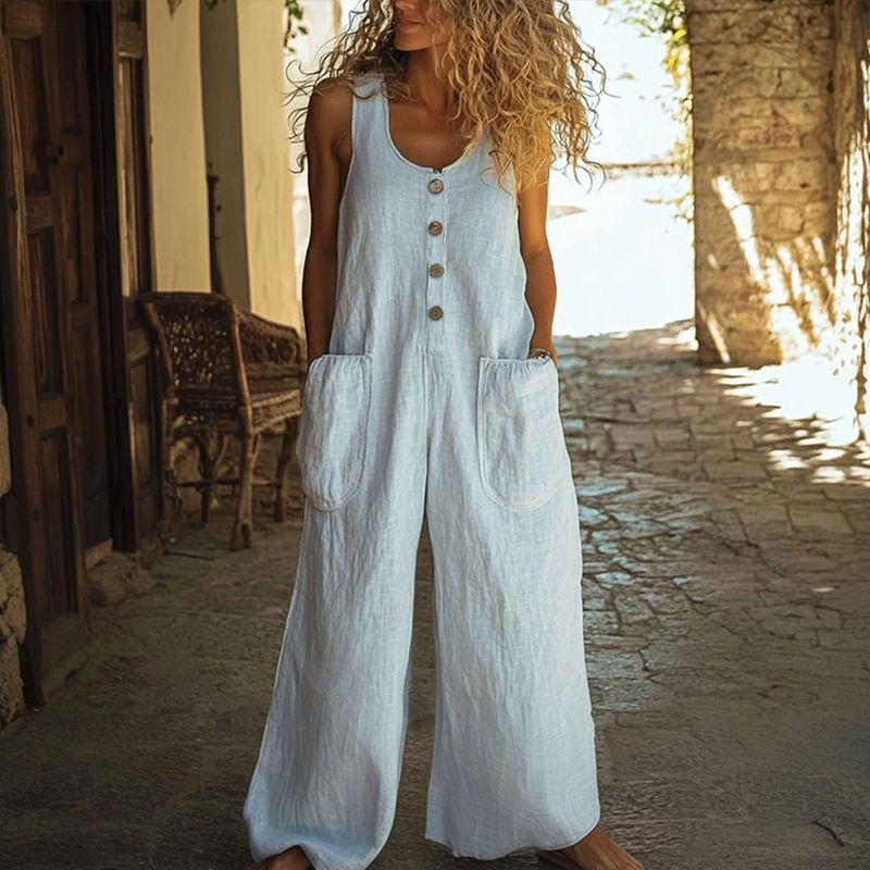 Women's Clothing Solid Color Button Insert Pocket Loose Casual Bib Jumpsuit_ecoleips.com