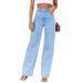 Women's Flared Stretch Denim Pants - High Waist Wide Leg, Vintage Washed Blue, Office-to-Weekend Versatility_ecoleips.com