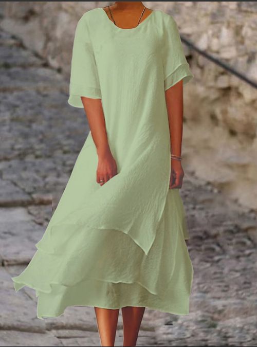 Fashion Casual Double Layer Slit Short Sleeve round Neck Dress Women's 2023 Cross Border Style_ecoleips.com