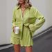 Women's Casual Solid Color Pleated Lapel Long Sleeve Top & 5-Point Shorts Set Comfort Outfit (XS/S/M/L/XL, Green)_ecoleips.com