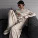 Women's Clothing Knit Sweater & Wide Leg Pants Set - High Neck Slit Pullover With Loose Fit Trousers, Streetwear Outfit In Dusty Pink & Cream_ecoleips.com