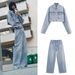Rhinestone-Embellished Denim Jacket & High-Waisted Straight Jeans Set – Trendy Two-Piece Outfit For Women (XS/S/M/L, Blue)_ecoleips.com