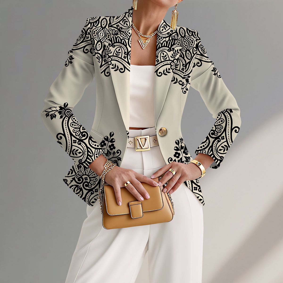 Women's Elegant Lapel Printed Knit Suit Jacket Bestseller Stylish Blazer_ecoleips.com