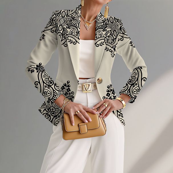 Women's Elegant Lapel Printed Knit Suit Jacket Bestseller Stylish Blazer_ecoleips.com