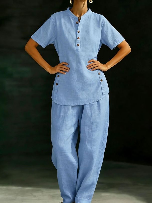 New Women's Clothing Distressed Retro Cotton Linen Two Piece Set Loose Fitting Button V Neck Casual Suit_ecoleips.com