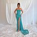 Women's Clothing Hot Selling Tube Top Mesh Diamond Piece Pleated Open Hairpin Sexy Green Evening Dress_ecoleips.com
