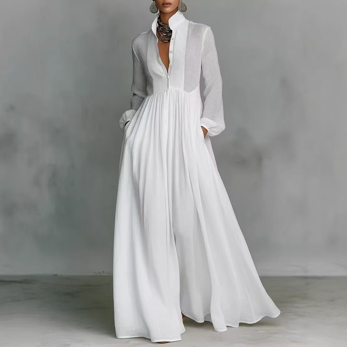 Elegant Slim-Waist Maxi Dress French-Inspired Ruffle Design Lantern Sleeves All-Season Versatility Women's Fashion_ecoleips.com