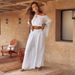K Solid Color Casual Pants Loose Round Neck Off Shoulder Top Women's Set. No Necklaces Or Other Accessories_ecoleips.com