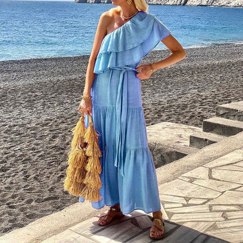 Women's Clothing Spring Fashion Solid Color Sexy Oblique Shoulder Linen Cotton Long Dress_ecoleips.com