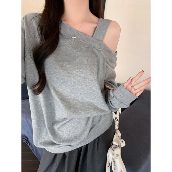 European American Style Solid Color Real-shot Chinese Cotton Composite Loose-fit Sweatshirt Women With Off-shoulder_ecoleips.com