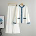 K Women's New Loose Denim Patchwork Knit Jacket & Wide Leg Pants Two-Piece Set_ecoleips.com