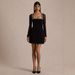 Sheer Mesh & Rhinestone Trim Black Dress – Elegant U-Neck Long Sleeve Mini Dress For Evening_ecoleips.com