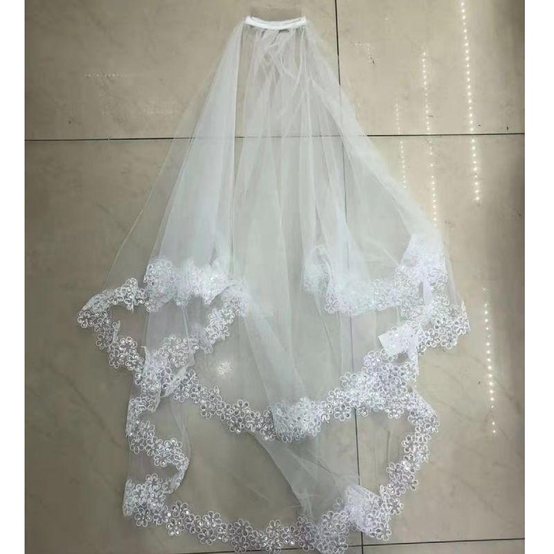 Elegant Double-Layer Wedding Veil With Comb – Sparkling Lace Trim Bridal Headpiece (60-80cm, Ivory/White)_ecoleips.com