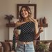 Voya Women's New Exquisite Bow And Diagonal Shoulder Strap Design With Black And White Polka Dot Single Shoulder Short Crop Top_ecoleips.com